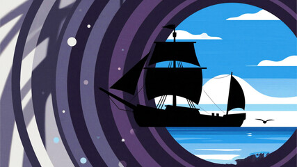 Columbus Day Mysterious silhouette of a tall ship sailing through a surreal, swirling portal towards a bright, hopeful horizon with clouds and ocean waves.