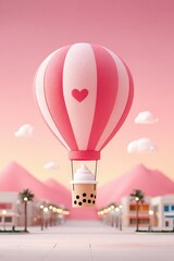 Obraz premium Pink Hot Air Balloon with Heart Floating Over Town in Pastel Sky