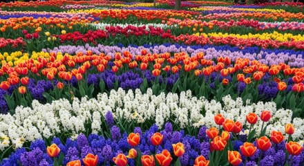 Colorful flowerbeds with tulips and hyacinths