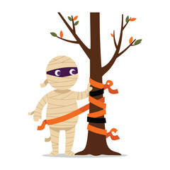 Cartoon mummy wrapping a tree with orange and black ribbons for Halloween.