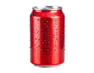 Front View of Red Beverage Can with Water Droplets and Reflections on White Background, Transparent PNG