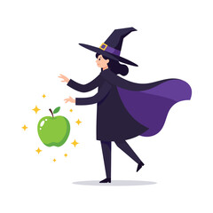 A witch in a purple cape levitates a green apple with magic.
