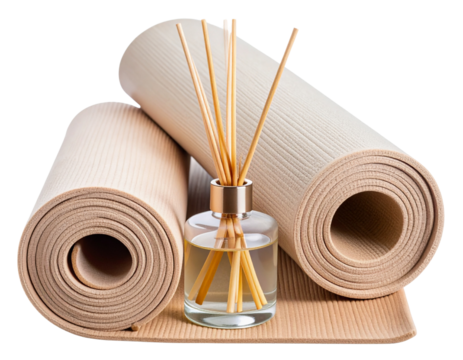Front View of Rolled and Unrolled Beige Yoga Mats with Reed Diffuser in Center, Transparent Background