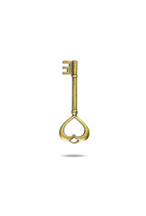 Slim brass antique key with heart-like loop isolated on white background with clipping path.
