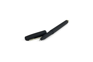 Black ballpoint pen with detached cap isolated on white background with clipping path.