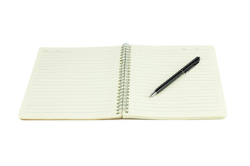 Open spiral notebook with blank lined pages and black pen isolated on white background with clipping path.