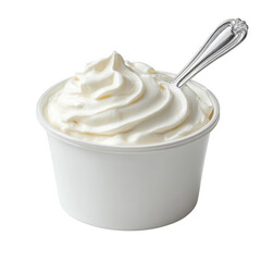  Isolated creamy white yogurt cup with a sleek silver spoon offering a healthy and delicious snack option for breakfast or a light dessert treat [Transparent Background PNG].