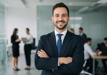 Fototapeta premium Confident business professional poses with arms crossed in a modern office environment with colleagues blurred in background
