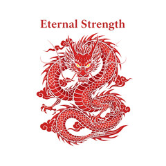 Fototapeta premium Red dragon with a phrase Eternal Strength