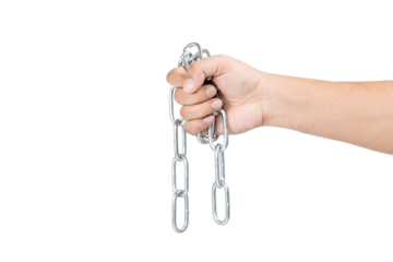 Hand holding metal chain in a grip isolated on white background with clipping path.