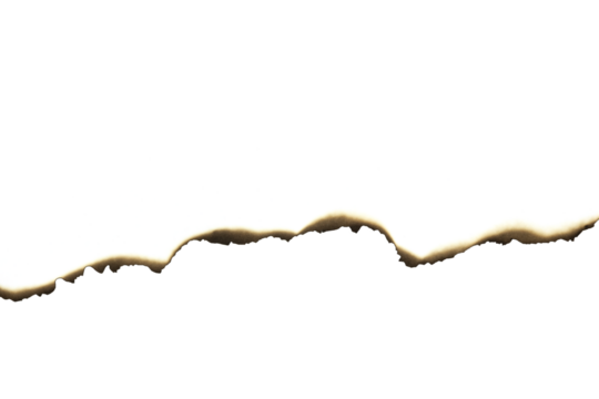 Burnt uneven paper tear isolated on white background with clipping path.