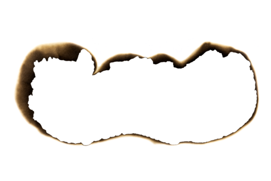 Burnt torn strip across paper with scorched edges isolated on white background with clipping path.