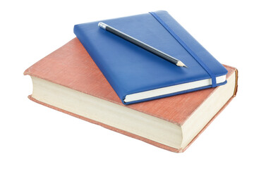 Red hardcover book and blue notebook with black pencil isolated on white background with clipping path.