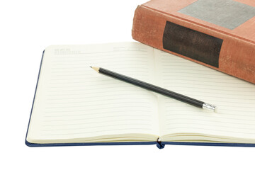 Open spiral notebook with blank pages and pencil, with orange hardcover book, isolated on white background with clipping path.