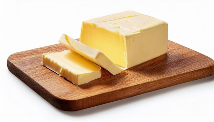 Wooden Board With Cut Block Of Butter Isolated On A Transparent Background