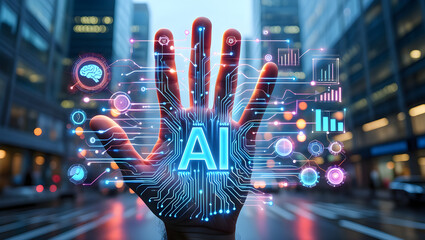 Futuristic ai hand with glowing data streams in a city at night