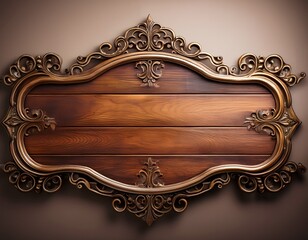 a detailed wooden sign with ornate metal and rich brown color