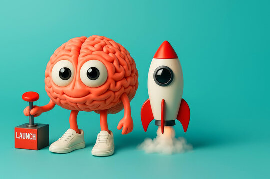 Brain mascot launching a rocket, startup and innovation concept