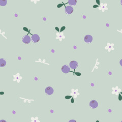 Hand-drawn sour and sweet blueberry with flower seamless pattern. Cute fruit berry and green leaf vector for background, wallpaper, clothing, wrapping, fabric, stationery, and phone cases.