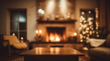 Cozy living room fireplace scene, blurred