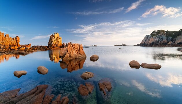 Felsen Auf Spiegelglattem Meer Bei Meneham Cote Des Legendes Bretagne Frankreich
