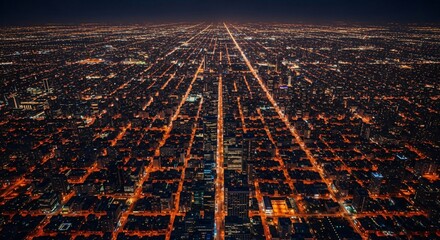 Aerial view of a sprawling city at night, with illuminated streets forming a grid pattern