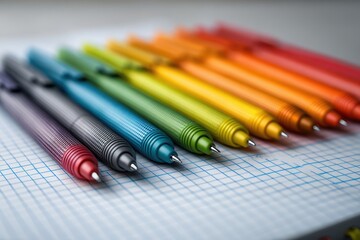 Fototapeta premium Rainbow Array: Colorful Pens on Graph Paper, Close-Up Stationery Still Life