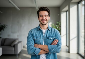 A smiling young man with dark hair and a beard stands confidently with his arms crossed in a modern well lit living space