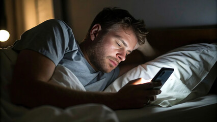 Fototapeta premium Müdes Doomscrolling im Bett bei Nacht Smartphone-Bildschirmlicht