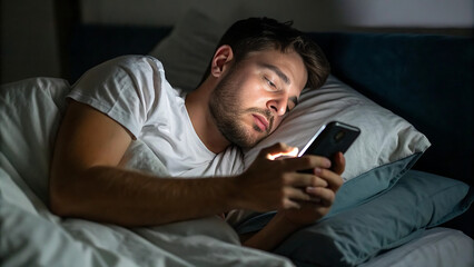 Müdes Doomscrolling im Bett bei Nacht Smartphone-Bildschirmlicht
