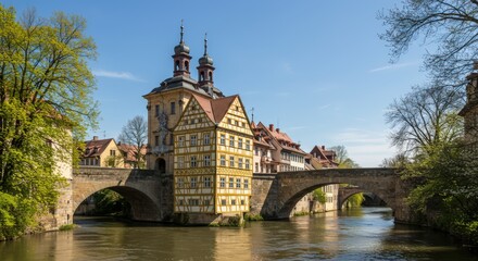 Obraz premium Historic european town architecture with bridge and river