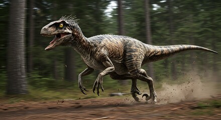 A velociraptor running through a forest with trees in the background and dirt flying up behind it