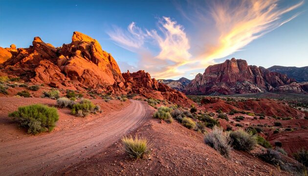 Scenic Landscape of Red Rock Mountains Under Cloudy Sky in Valley of Fire State Park Nevada - Powered by Adobe