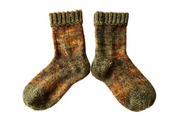 Hand knitted wool socks in earthy tones presented against a dark transparent background