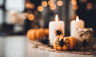 Cozy Halloween Still Life: Warm Pumpkins, Candles, and Spooky Spiders on Burlap