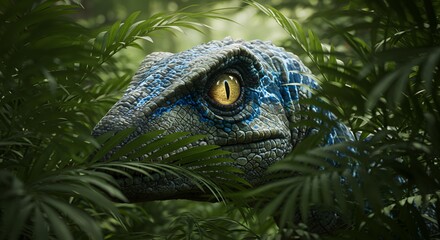 Fototapeta premium A blue velociraptor peers out from lush green foliage with a piercing yellow eye in a jungle scene