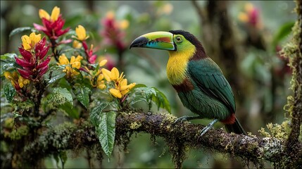 Obraz premium Luminous Toucan Perched Amid Emerald Foliage – Immersive Wildlife Visual for Eco-Tourism Campaign and Sustainable Branding