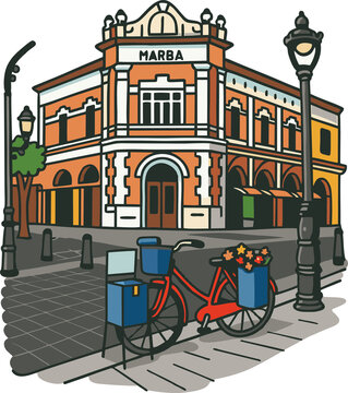 Cartoon Style Detailed Marba Building Landmark Illustration with Bicycle