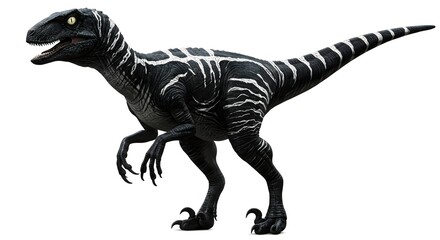 Fototapeta premium A black and white striped velociraptor standing on a white background in a studio setting, isolated