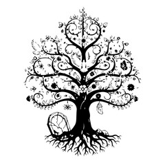 Obraz premium Intricate Black Silhouette of a Flourishing Tree with Decorative Elements