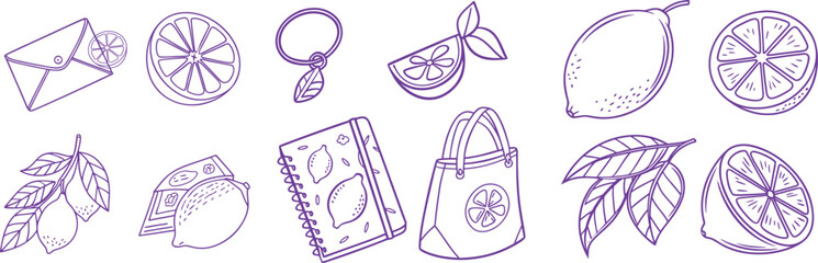 Purple outline lemon doodle set with slices, whole fruits, leaves, envelopes, notebooks, tote bags, and keychains. Hand-drawn citrus-themed stationery and accessory illustrations. Great for branding
