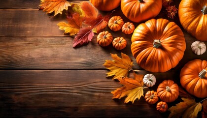 Autumn Harvest Scene With Pumpkins And Fall Leaves On Rustic Background
