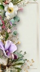 Vibrant flowers in shades of pink, white, and lavender with elegant leaves