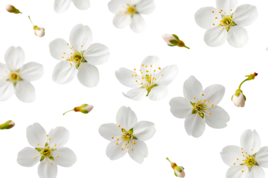 Seamless pattern of white cherry blossoms isolated on transparent background