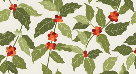 A seamless pattern of coffee branches with red berries and green leaves on a light background.