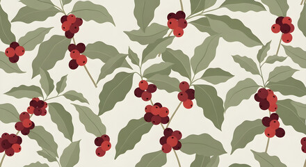 A seamless pattern of coffee branches with ripe red coffee cherries and green leaves on a light background.