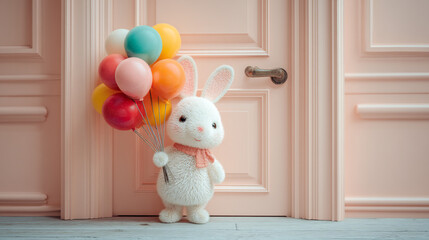 A fluffy bunny holding a bunch of colorful balloons standing in front of a pastel pink door frame