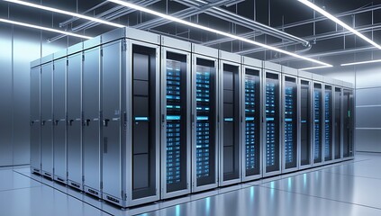 data center server room with rows of racks and led lighting
