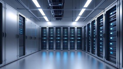 server room data center with rows of illuminated racks and Modern technology