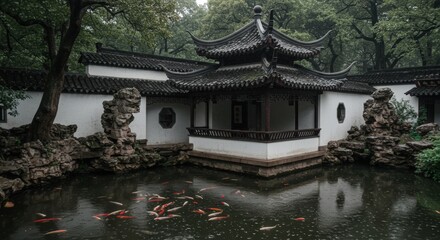 Fototapeta premium Traditional chinese garden pavilion with pond and fish